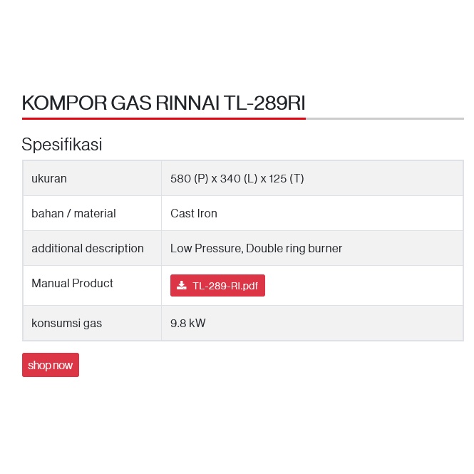 KOMPOR PORTABLE 1 TUNGKU RINNAI TL 289 RI BESI COR