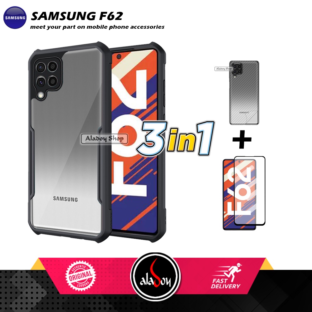 Case SAMSUNG F62 Armor Fushion Transparent Casing + Tempered Glass Full Layar dan Skin Carbon