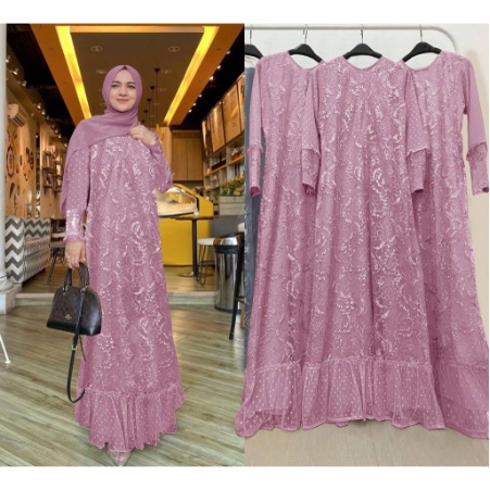 [ COD ] TERMURAH GAMIS PESTA TILE RAVINA DRES / GAUN PESTA MUSLIM READY SERAGAMAN BRUKAT TILLE JUMBO