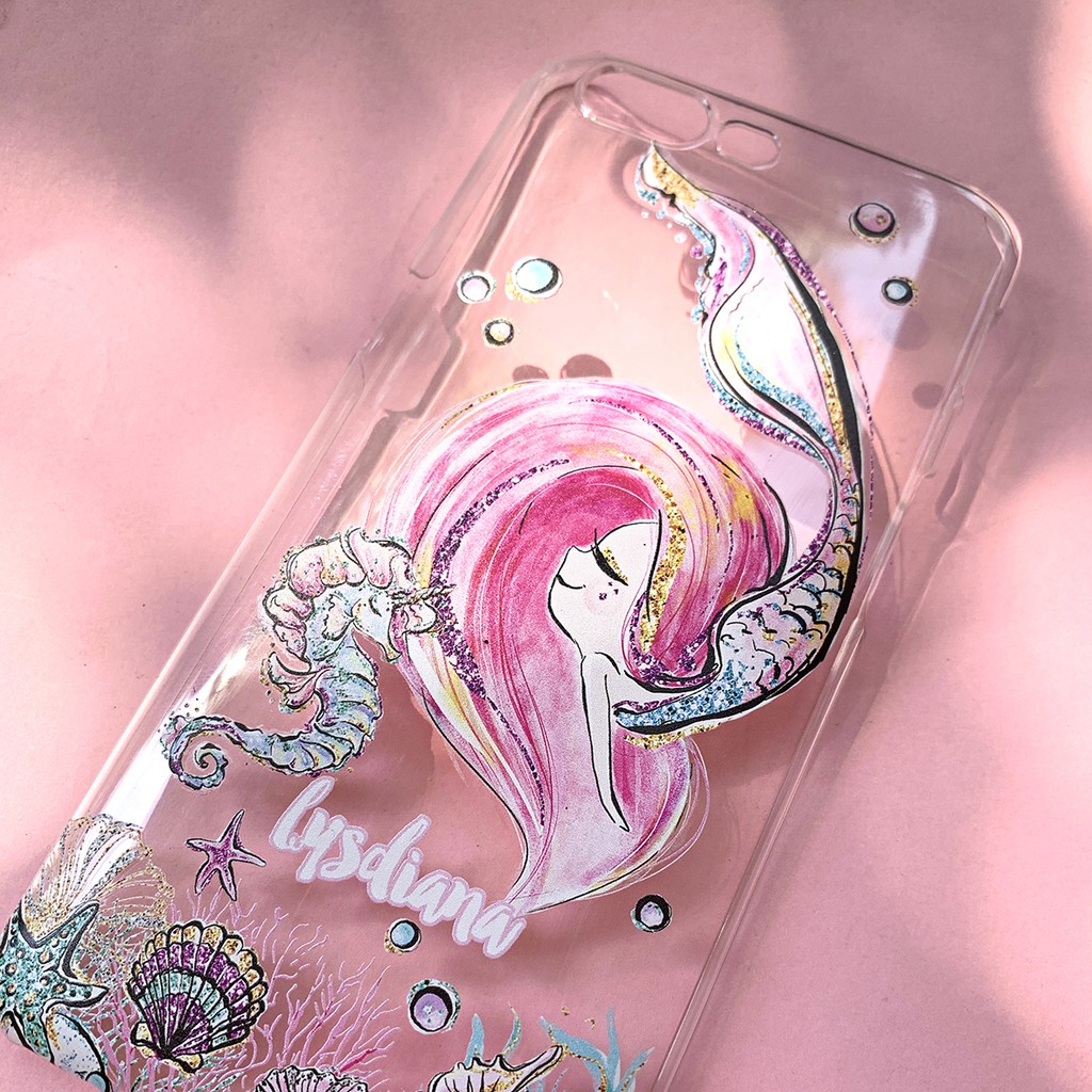 Casing Mermaid cute custom nama iphone 11 12 13 pro max samsung a51 a71 note10 s22 oppo xiaomi vivo casetify realme redmi note 10s