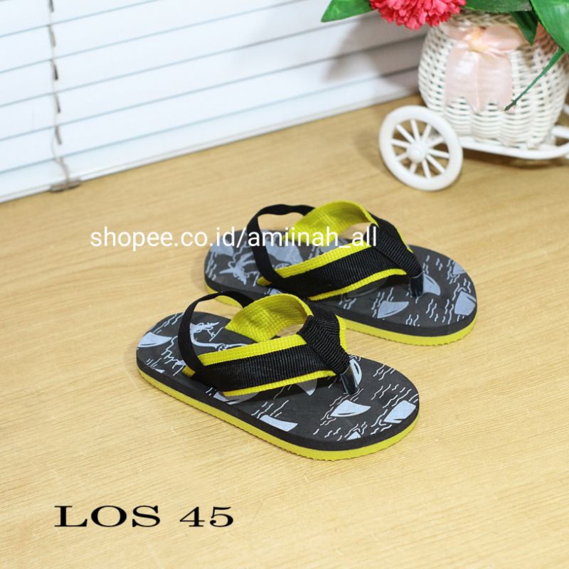 Sandal anak lucu tali belakang motif LUMBA Hitam Plat Kuning