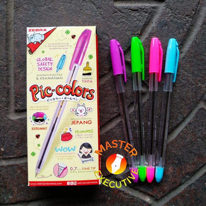 [Pak - 12 Buah] Zebra Piccolors 0.7 mm Black Fine Semi Gel Ink / Pulpen Color Hitam