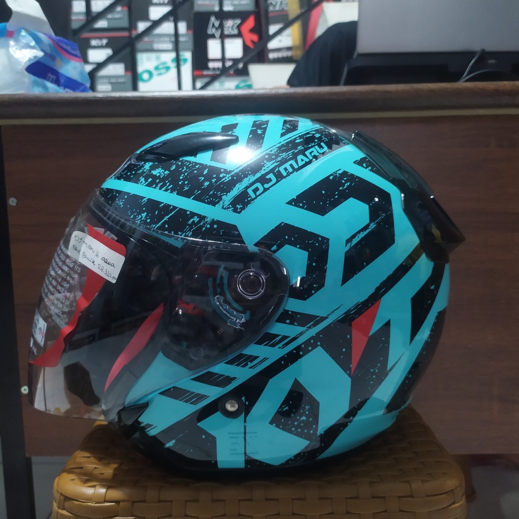 HELM KYT DJ MARU SERI 16 AQUA BLUE BLACK HALF FACE KYT DJ MARU MOTIF