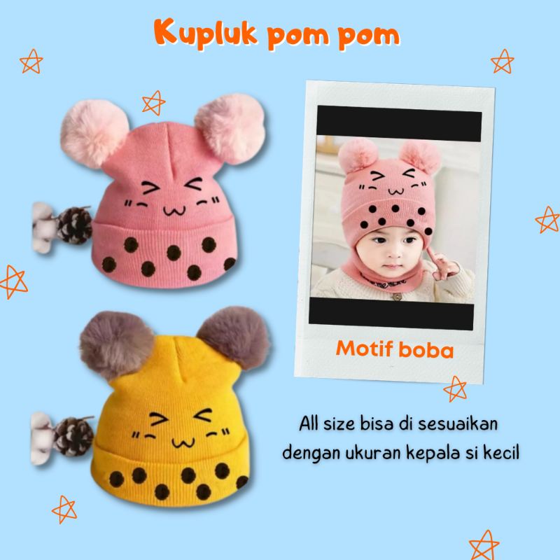 Topi Kupluk Rajut pom pom anak Bayi laki laki perempuan motif boba lembut lucu