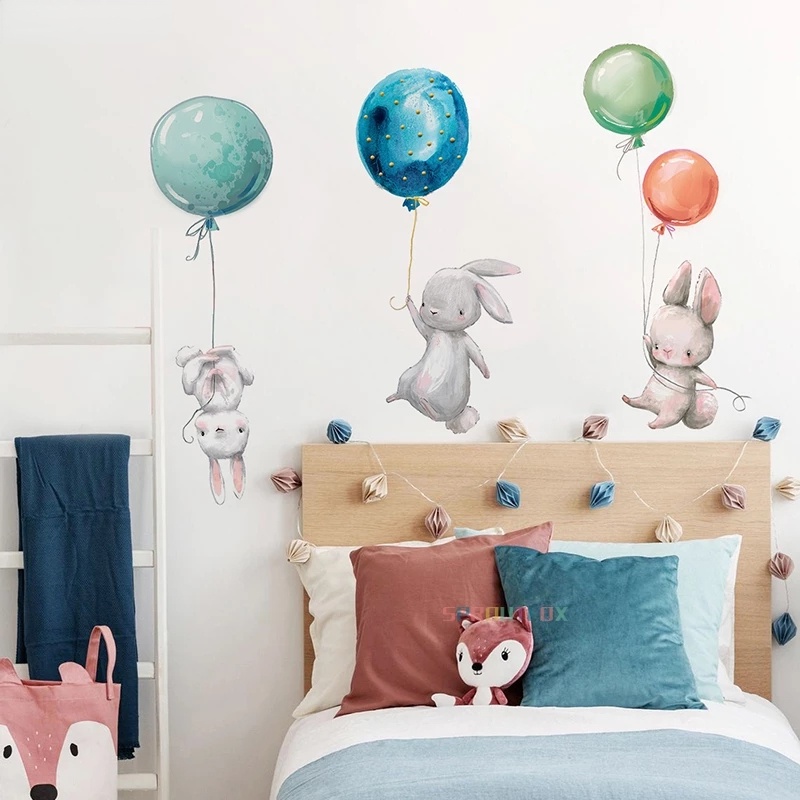 Stiker Dinding Bentuk Kartun Kelinci Balon Bintang Untuk Dekorasi Kamar Tidur Anak