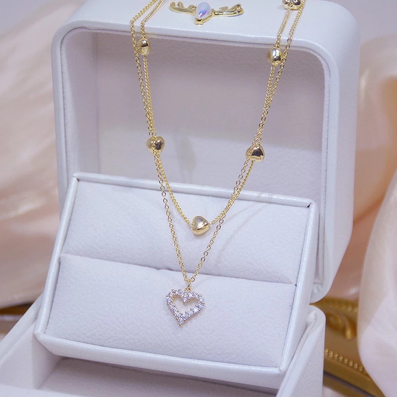 Women Gold Color Double Layer Alloy Heart Zircon Pendant Necklace