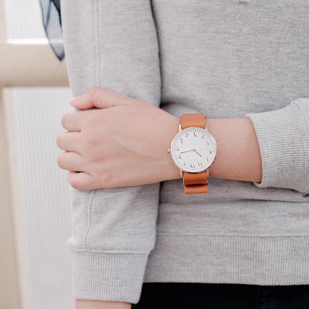 Jam minimalis angka arab strap kulit aseli rose gold white