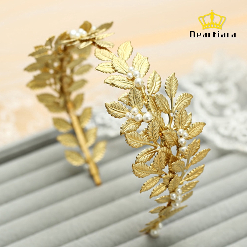 Tiara /Daun Bahan Metal Warna Emas Hias Mutiara Imitasi untuk Wanita