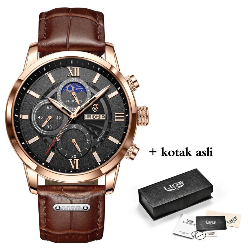 LIGE original jam tangan pria tali kulit anti air olahraga kronograf jam tangan