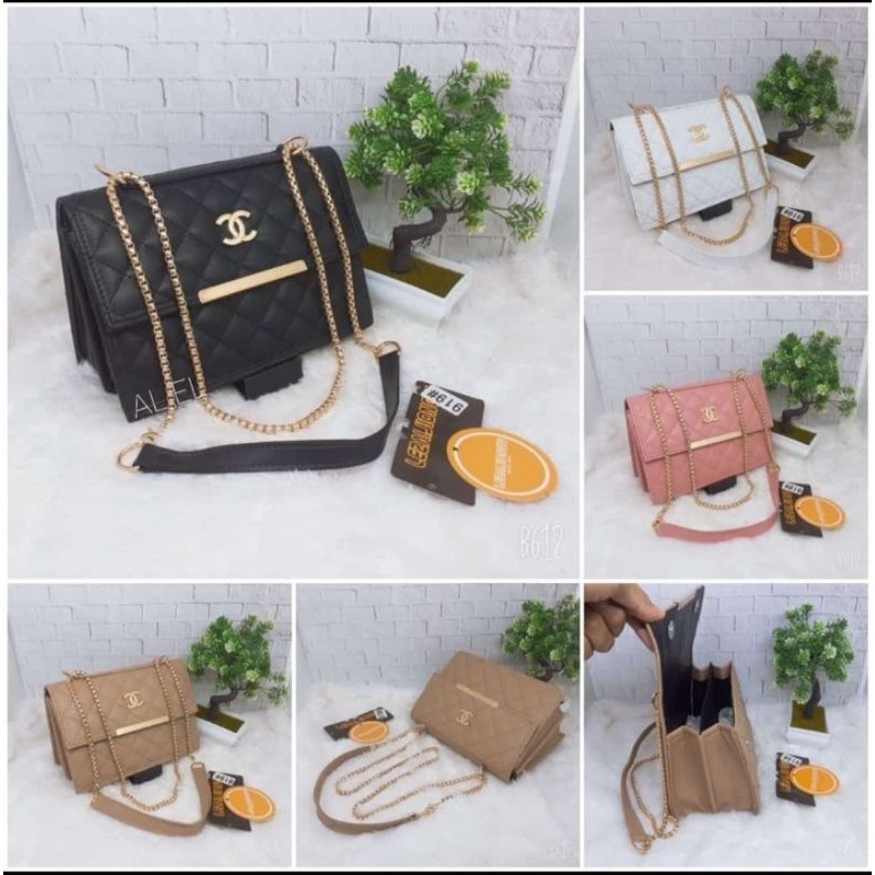 Tas Selempang Wanita Bordir CC Behel Lurus Tali Rantai Import