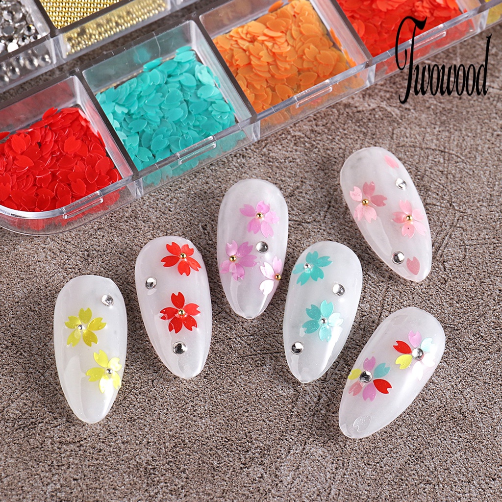 Twowood 1 Kotak Hiasan Kuku Bentuk Kelopak Bunga 3D Tahan Air Untuk Nail Art DIY