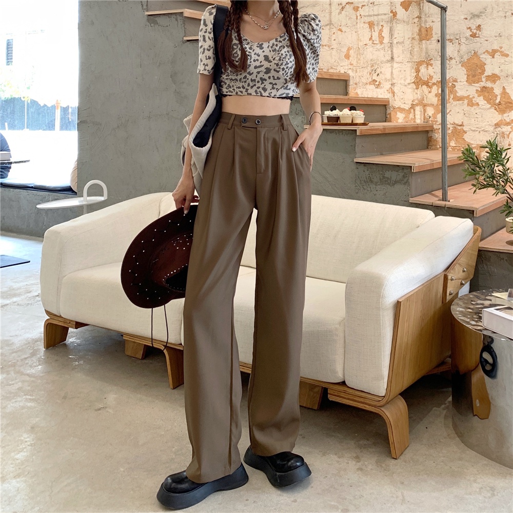 Celana Panjang Kasual Khaki Wanita Loose Minimalis Basic Color High Waist Straight Pants