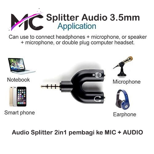 Splitter Audio U Shape 2 in 1 Mic &amp; Audio Jack 3,5mm Male to Dual Female For Microphone Headphone Handphone Komputer Speaker Laptop PC