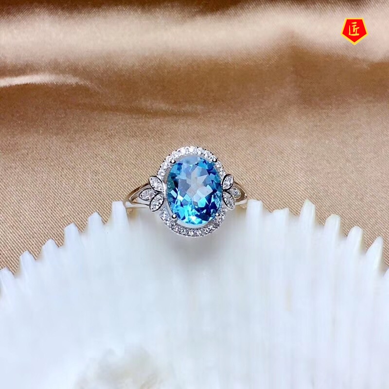 [Ready Stock]Fashionable Temperament Micro-Inlaid Oval Blue Topaz Ring