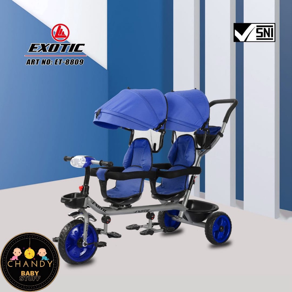 SEPEDA ANAK RODA TIGA EXOTIC ET 8809 TWIN ( SEPEDA KEMBAR KURSI BISA DIPUTAR, LAMPU DAN MUSIK )