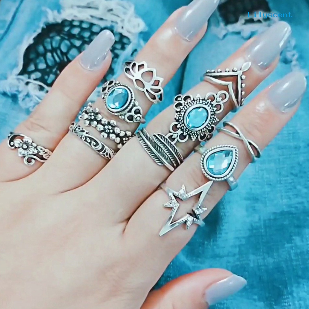 11pcs Cincin Knuckle Midi Model Hollow Aksen Berlian Imitasi Gaya Retro Untuk Wanita