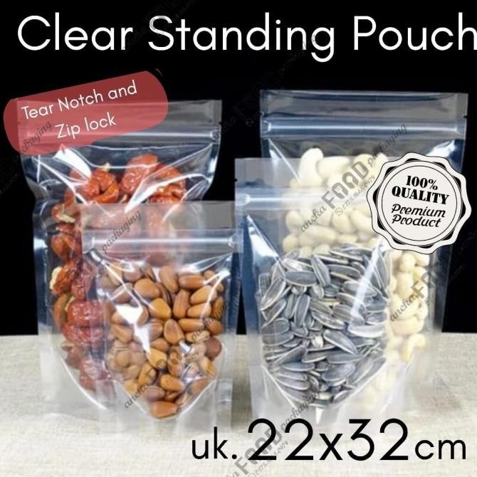 Kemasan plastik klip bening/clear standing pouch zipper uk. 22x32cm