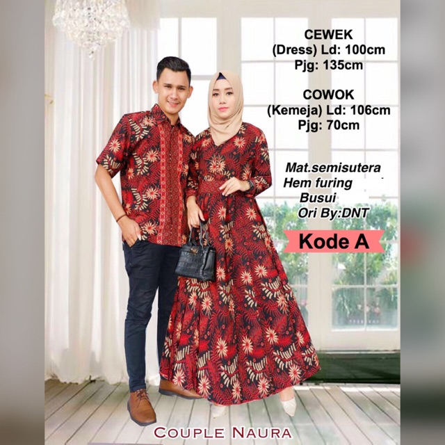 COUPLE NAURA Gamis Dress Motif Batik Sarimbit Fashion Muslim Wanita Lengan Panjang Syari