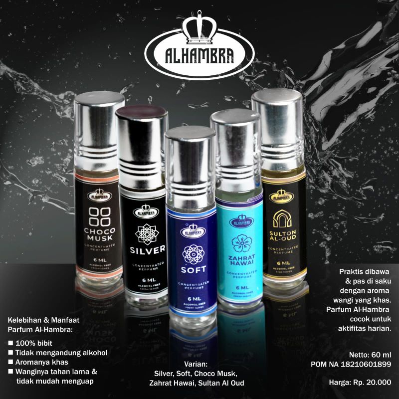 Parfum Non Alkohol Al Hambra Royal Series BPOM Wangi Tahan Lama 6ml / Concentrated Perfume Alcohol Free Al Hambra / Al-Hambra Minyak Wangi