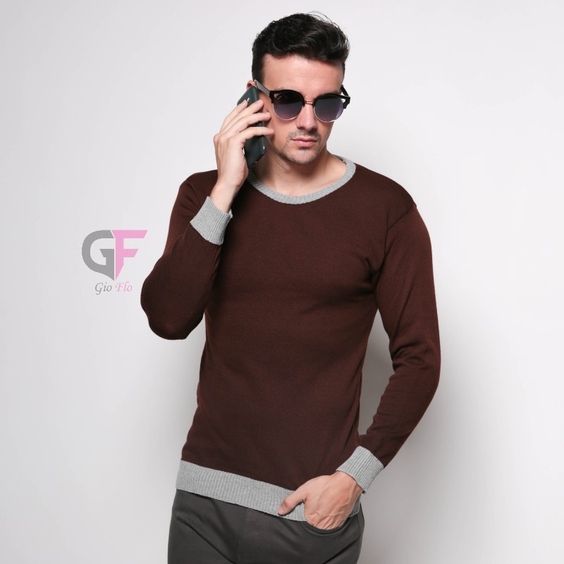 GIOFLO Sweater Kekinian Buat Cowok Baju Rajut Sweater Coklat / SWE 819