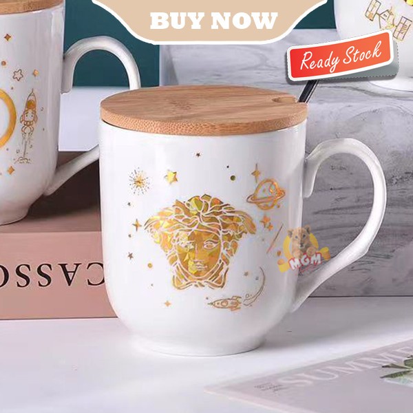 Gelas Branded Keramik Mug designer GOLD dengan Tutup dan Sendok