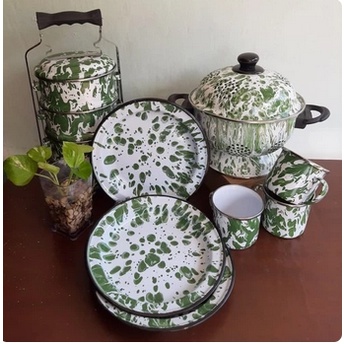 RANTANG TEMPAT NASI WAKUL PIRING MUG CANGKIR 1 SET  ENAMEL BLIRIK BLURIK LURIK LORENG HIJAU JADOEL