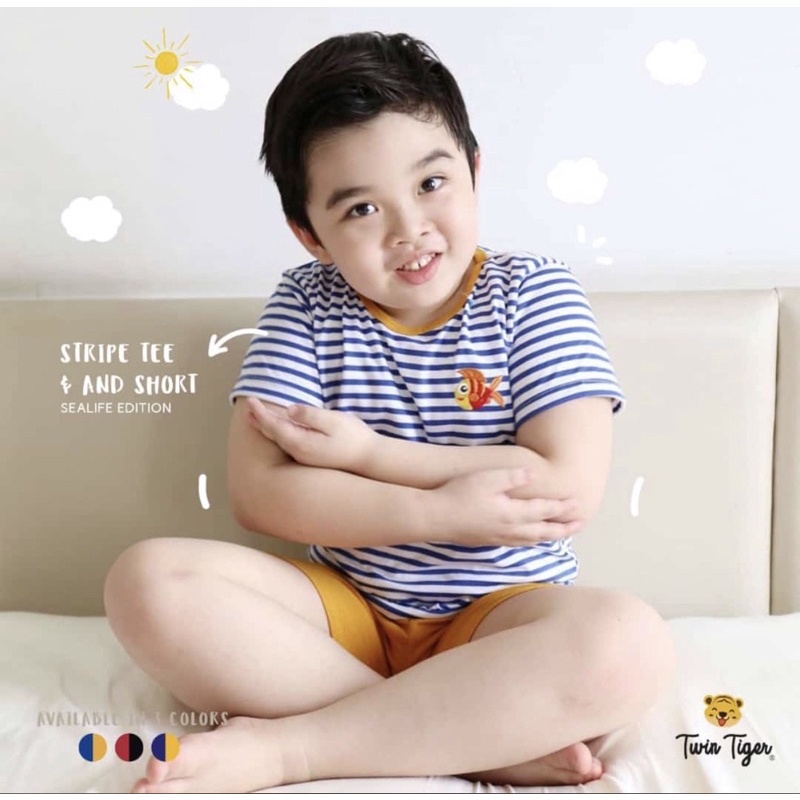 Twin Tiger Baby Setelan Kaos Anak Stripe Tee Pocket &amp; SHort