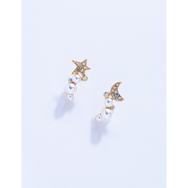 LRC Anting Tusuk Fashion Gold Hollow Star Moon Artificial pearl Earrings D37756