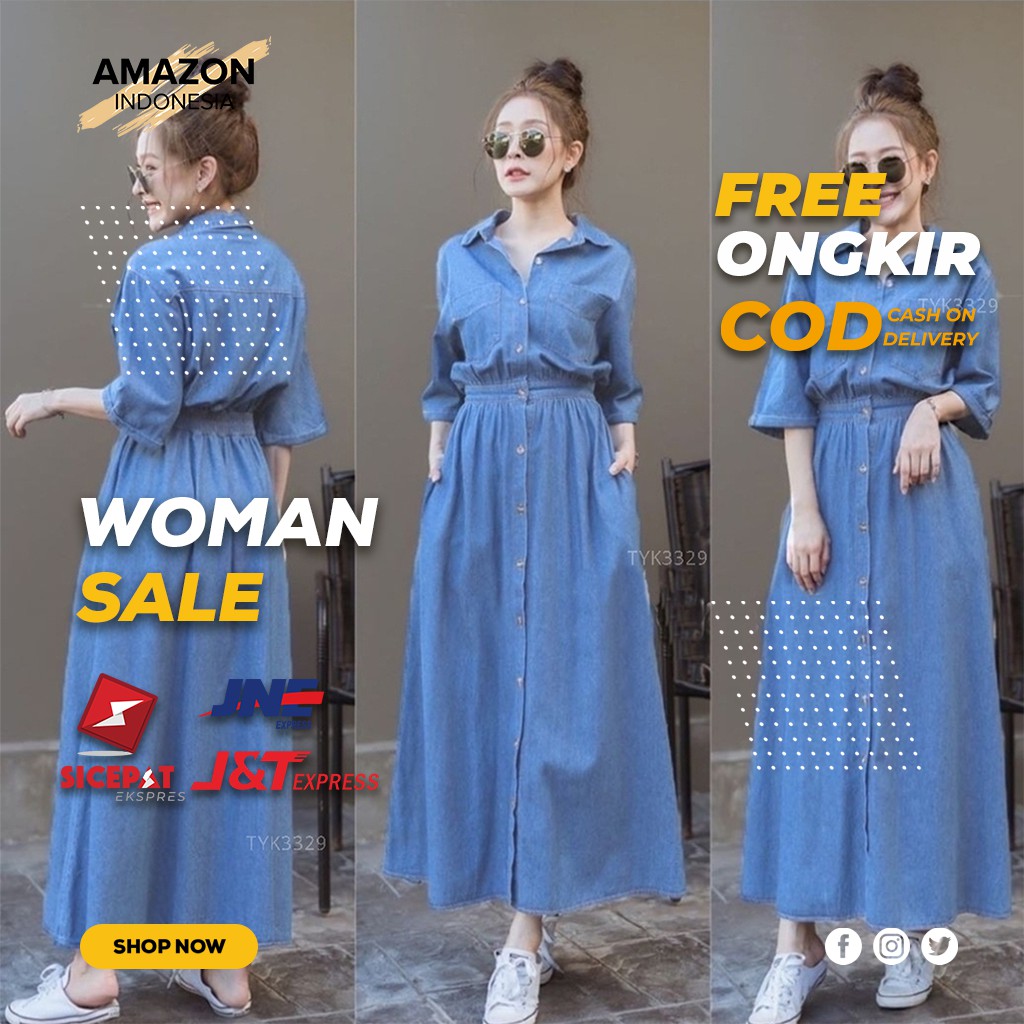 DRESS GAMIS JEANS WANITA CEWEK PEREMPUAN BAHAN PREMIUM WARNA LIGHT BLUE BIRU CERAH HARGA MURAH