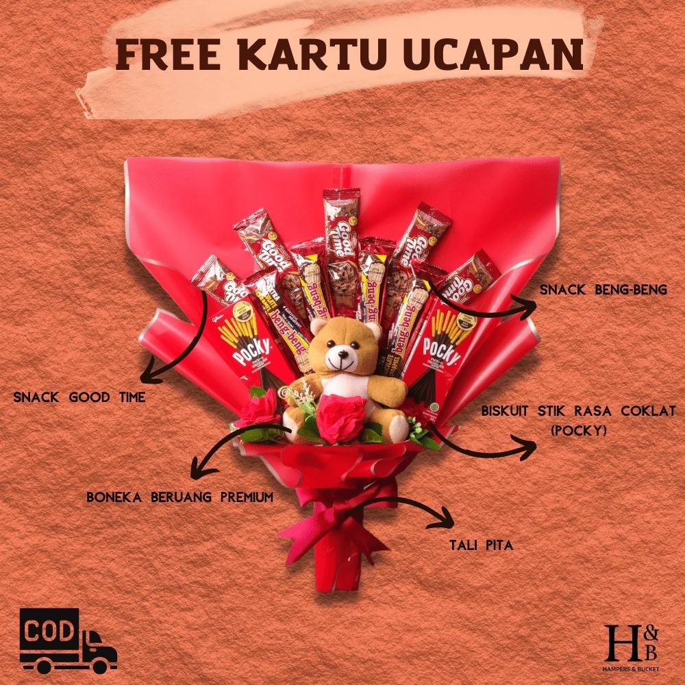 

BUCKET Merah snack + Boneka + Bunga / sidang, wisuda, kado, ultah, nikahan / Bisa costum isi bucket