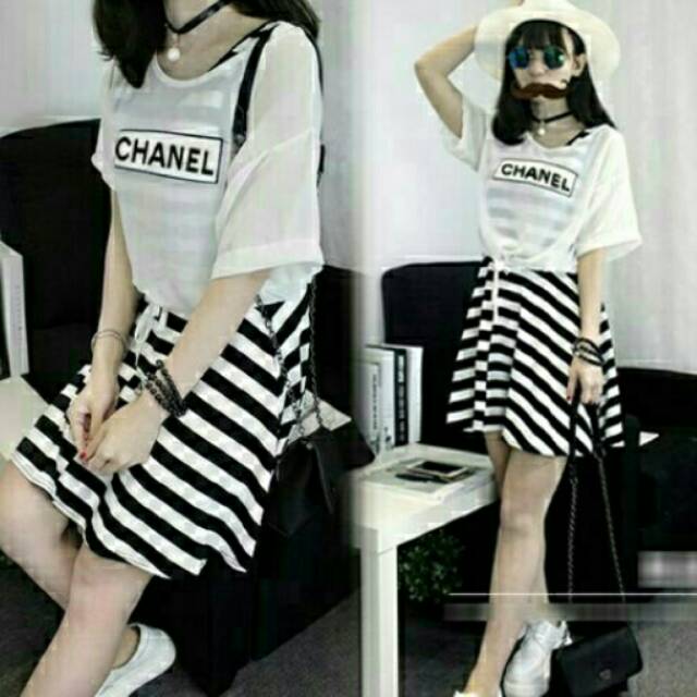 White Set Dress Salur Chanel 2in1