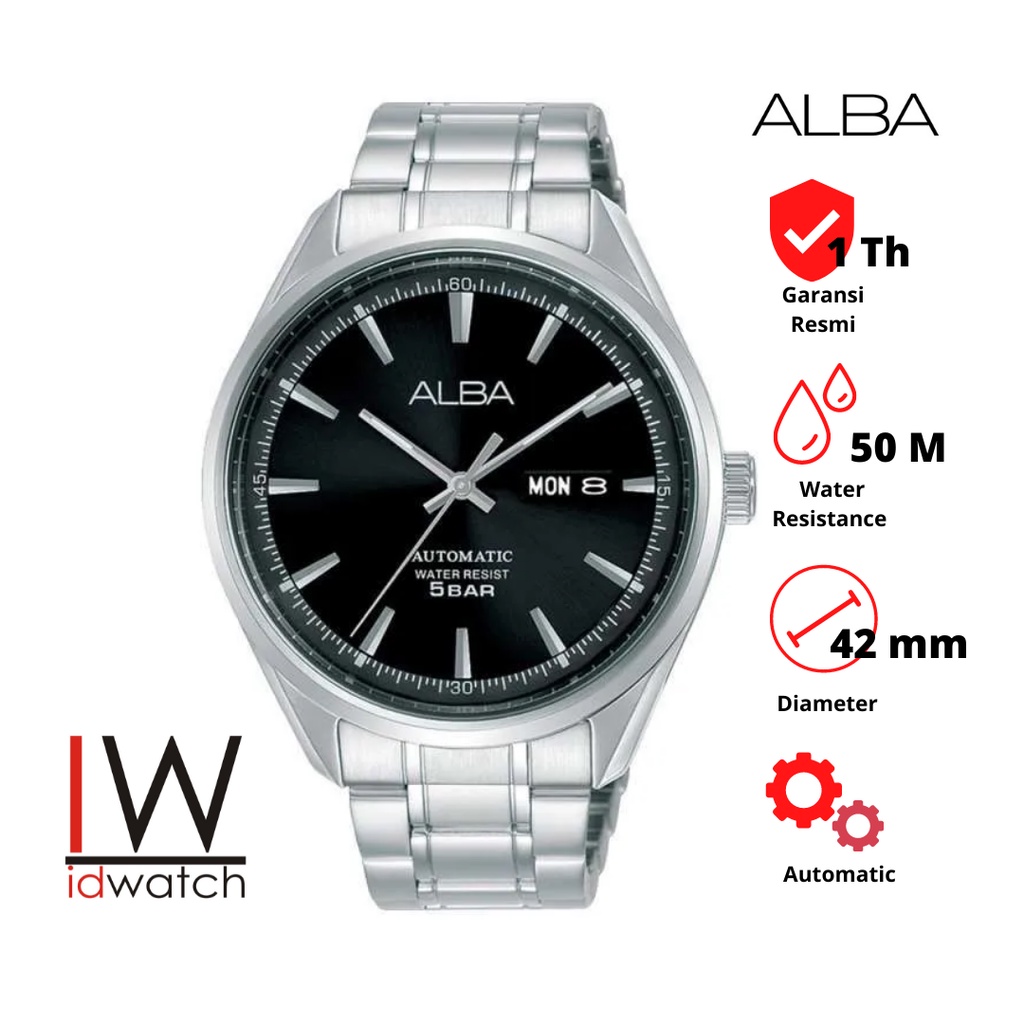 Alba AL4137X1 Automatic Jam Tangan Pria Original AL4137 Cowok Strap Rantai Stainless Klasik Hitam