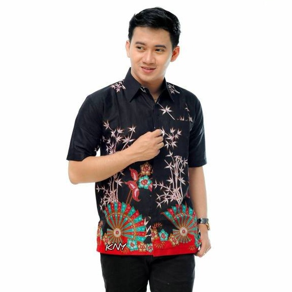 Kemeja Batik Pria Lengan Pendek Bahan Katun Motif Kipas Hitam