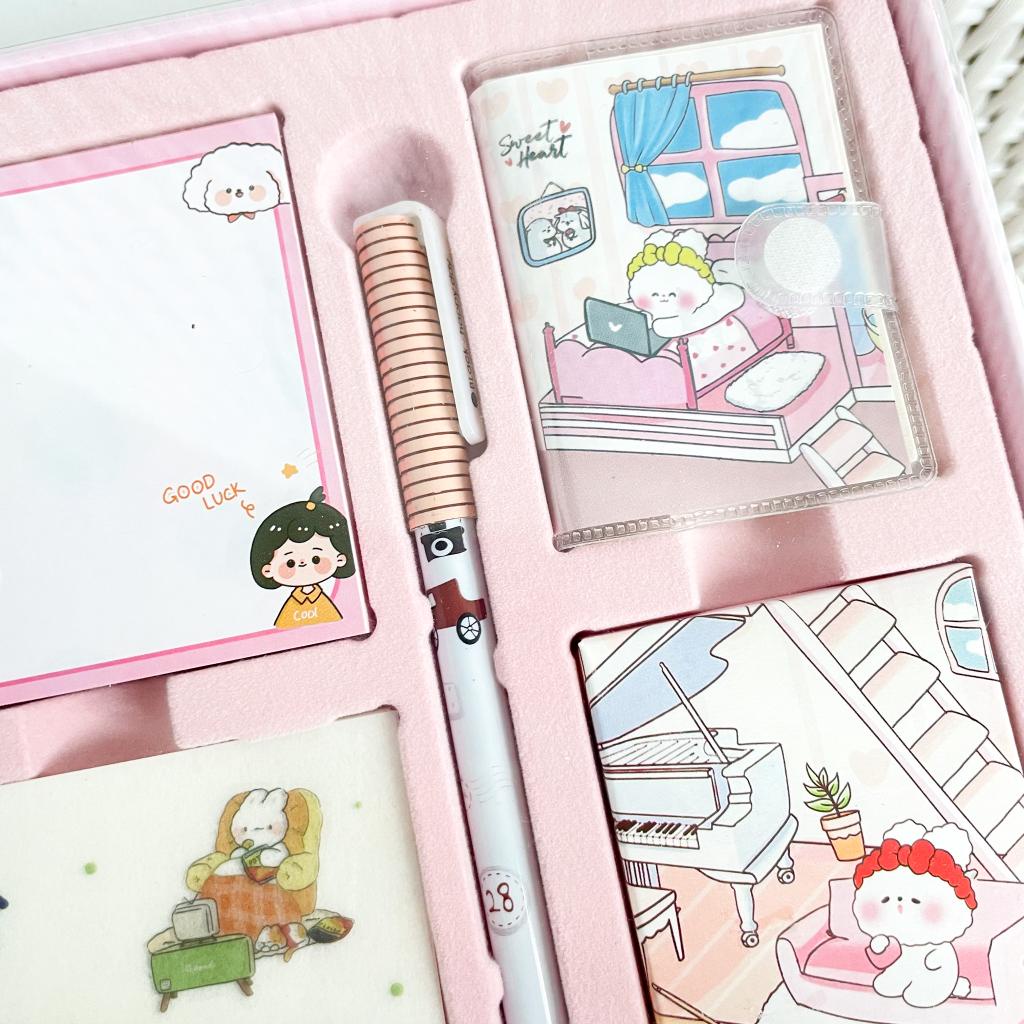 Paket Jurnal Set/Gift Box Hampers anak/Hadiah / Notebook Journal Diary / 6 in 1 Boba Alat Buku Tulis Lengkap Scrapbook Cute Girl Sanrio Cinnamoroll My Melody Kuromi Panda Peach Kelinci Duffy Cat Sweetheart Cake Shop Import Grosir Ready COD