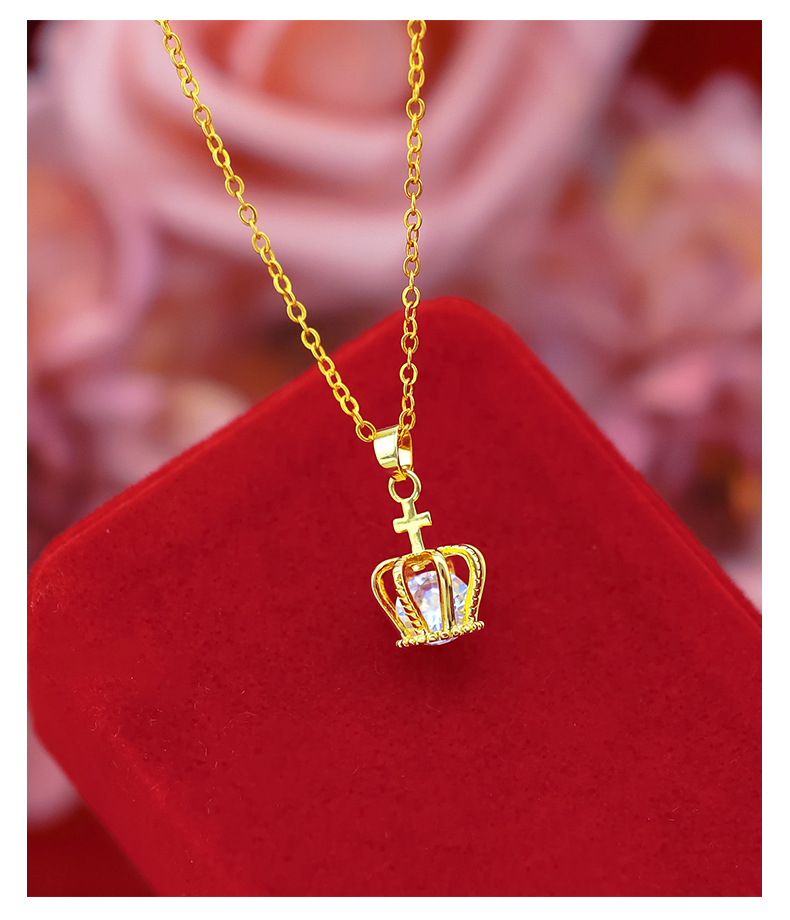 Kalung Rantai Lapis Emas Asli Kadar 375 Dengan Liontin Mahkota Aksen Kristal Zircon Untuk Wanita