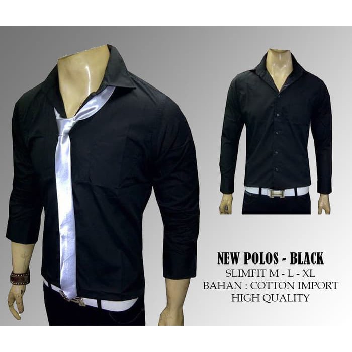 KEMEJA KANTOR KERJA PRIA POLOS HITAM LENGAN PANJANG SLIMFIT BAHAN KATUN