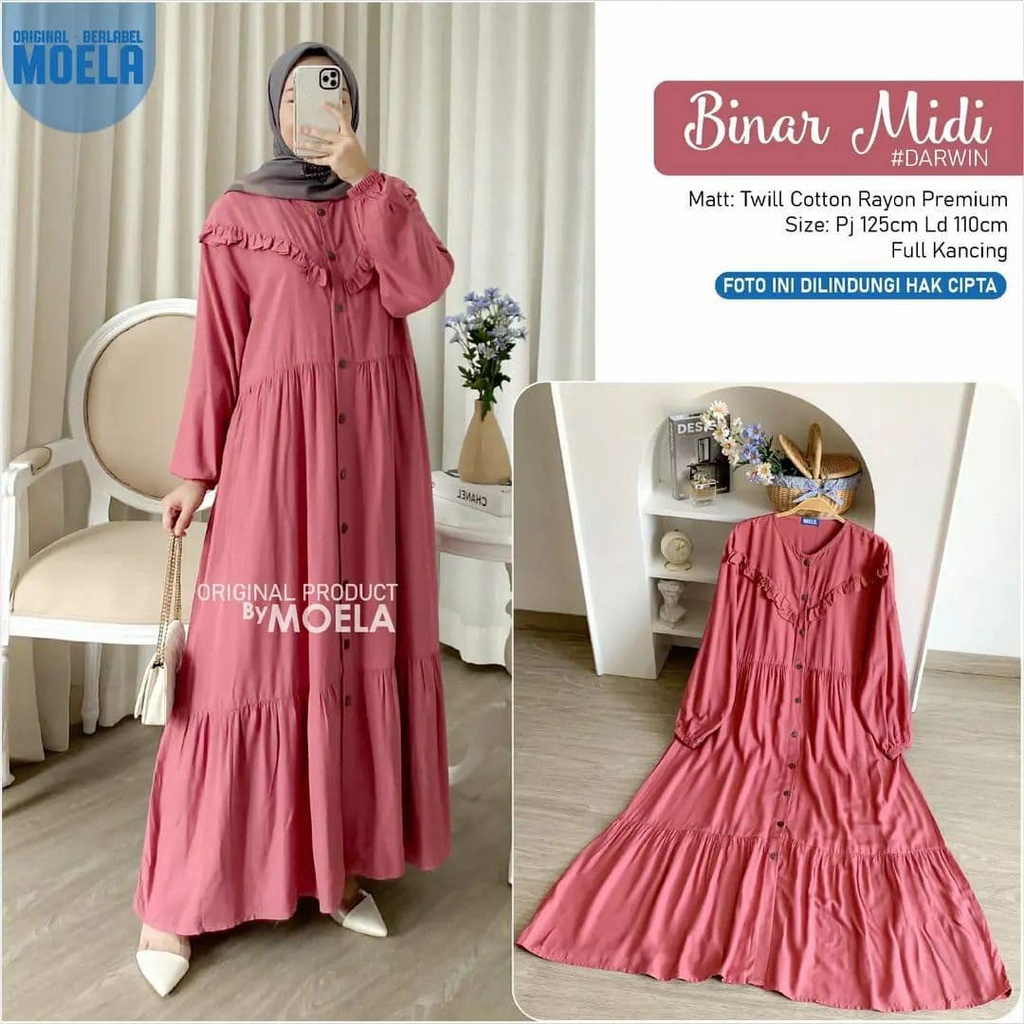 Binar Midi Dress Wanita Twill Cotton Premium Baju Wanita Kekinian Lengan Panjang Maxydress Polos Full Kancing LD 110 cm