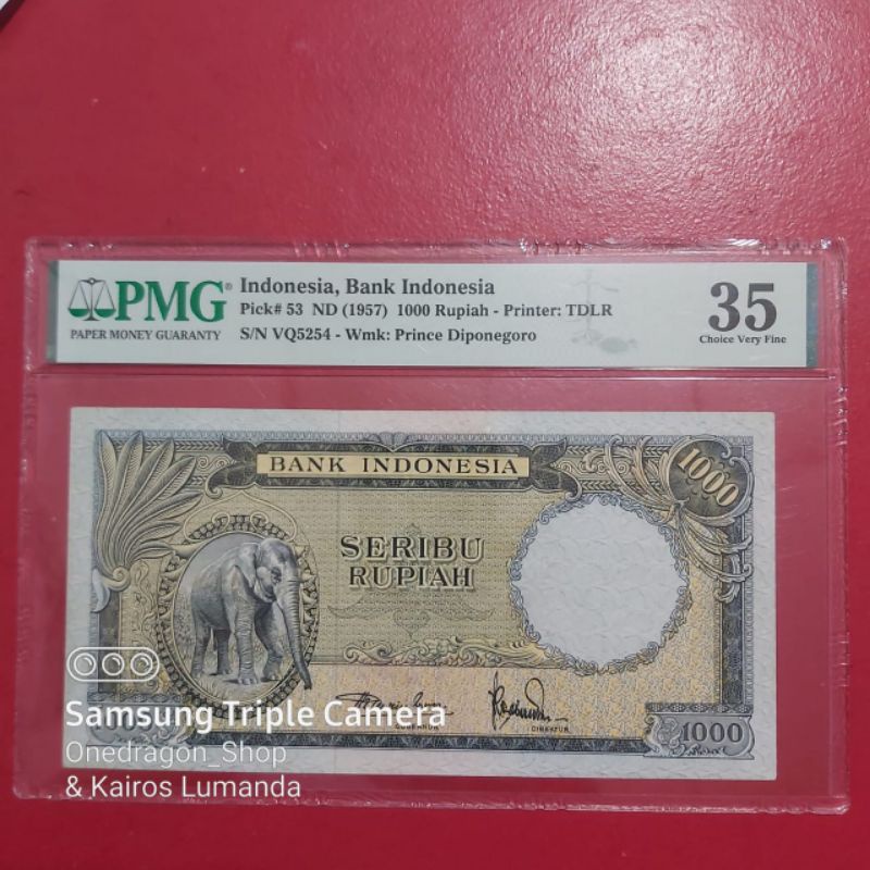 Uang Kertas Kuno 1000 Rupiah Tahun 1957 Gajah PMG 35