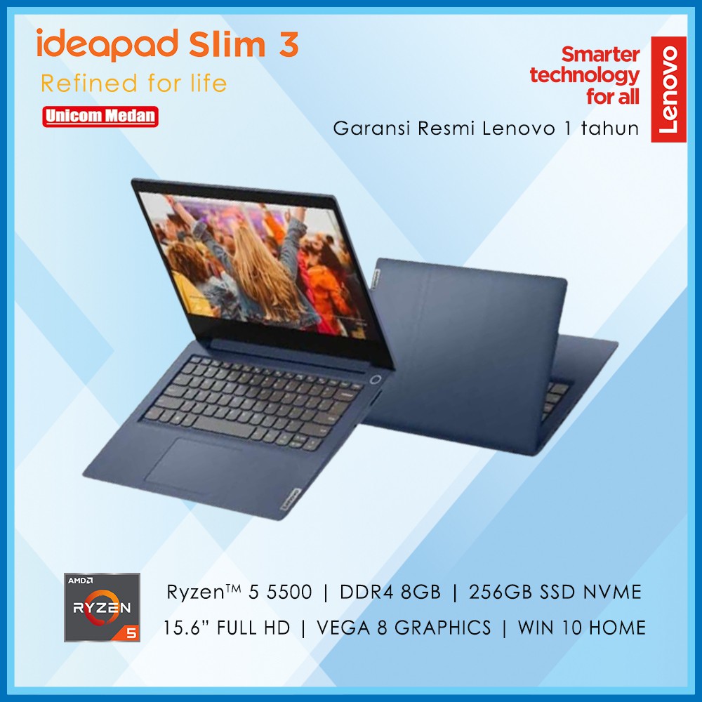 LENOVO IDEAPAD SLIM 3 15 RYZEN 5 5500 DDR4 8GB 256SSD W10 15.6FHD