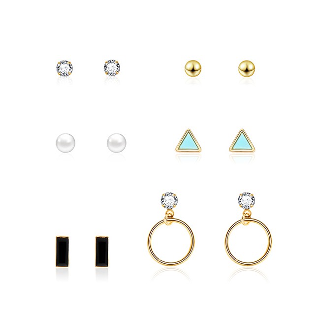 LRC Anting Tusuk Fashion Gold Geometric Diamond Stud Earrings 6 Pairs F29795