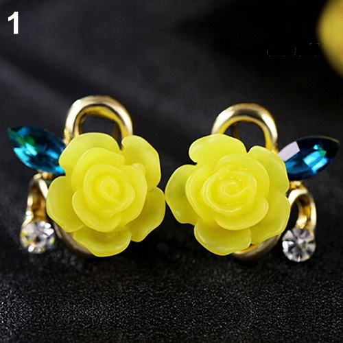 OW@ Women Cute Lady Rhinestone Resin Rose Flower Earrings Ear Studs Jewelry Gift