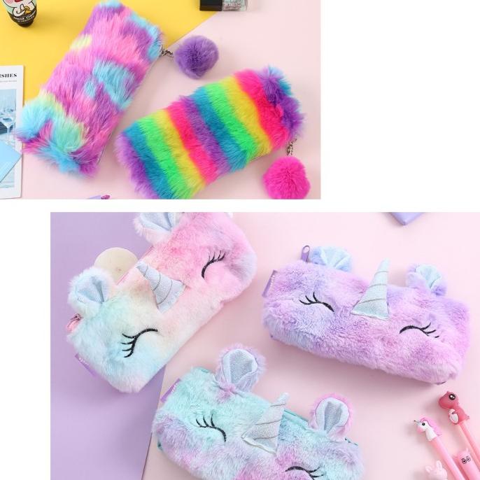 

Tempat pen Bulu Fur Unicorn ATK04 Pom ATK05 kotak pensil case