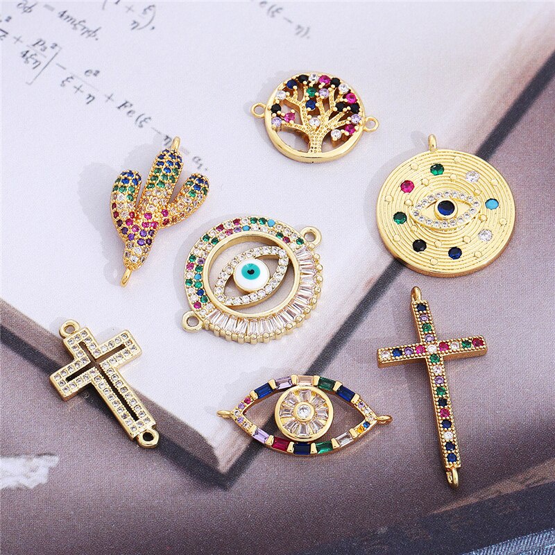 15Style Copper Evil Eye Cross Zircon Gold Plated Hollow Connector Charms For Bracelets Bohe Earrings Making DIY Jewelry Findings