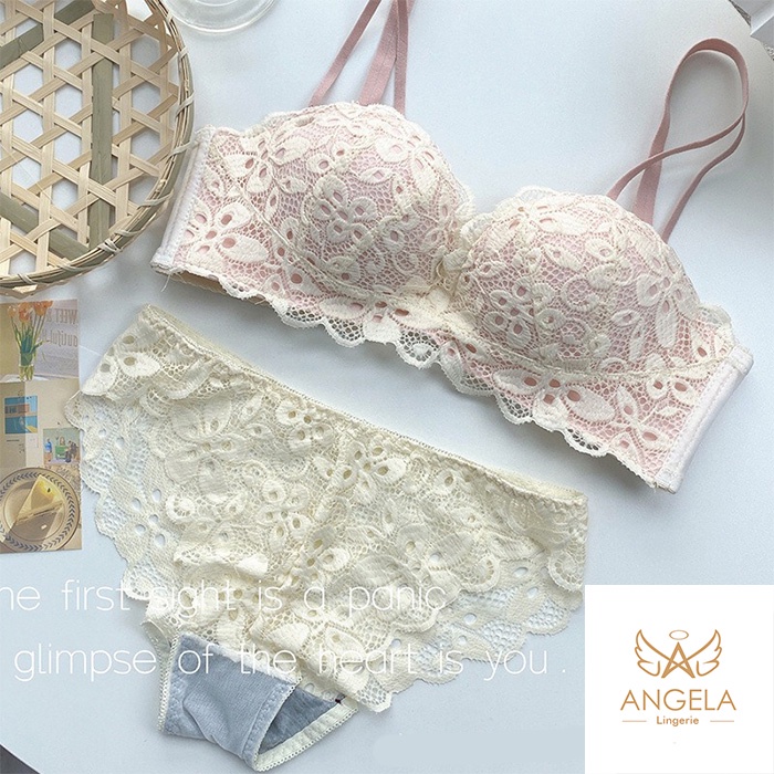 ANGELA JAPAN Bra BH Push Up Set Tanpa Kawat Celana Dalam Olahraga Wanita Cewe Remaja Import Bisa COD-Cream