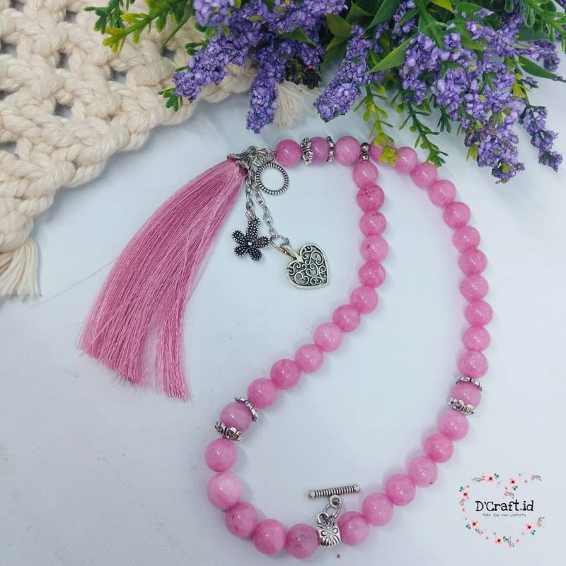 Gelang Tasbih Cantik warna pink dari batu alam gold sand