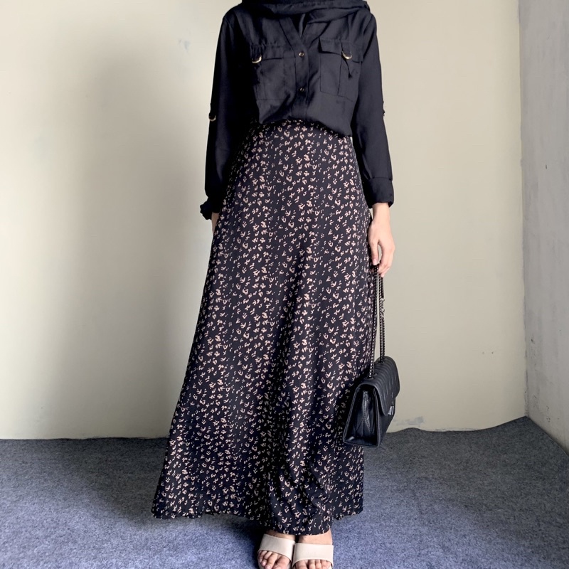 FLORAL SKIRT ADA SAKU / ROK MOTIF BUNGA/ ROK A LINE KOREAN STYLE / Long Skirt / vintage skirt-Hitam leopard Furing