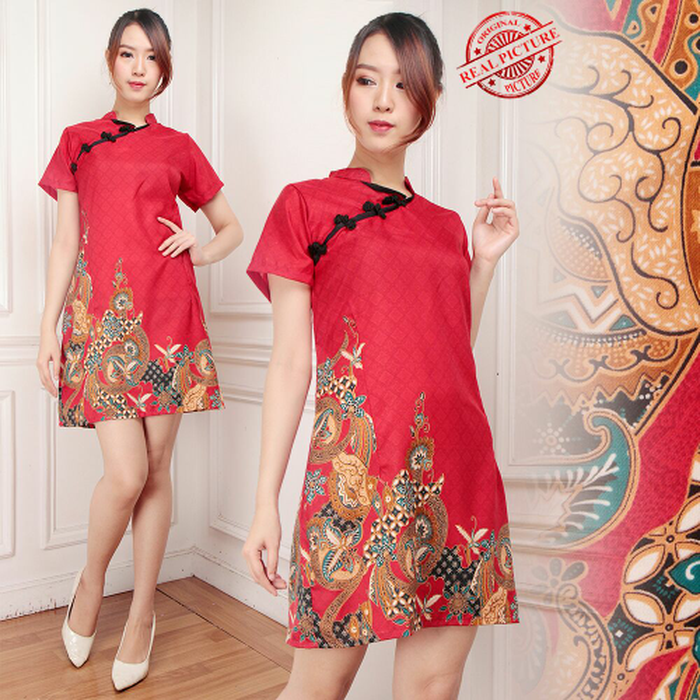 baju wanita dress cheongsam katun silk - Biru