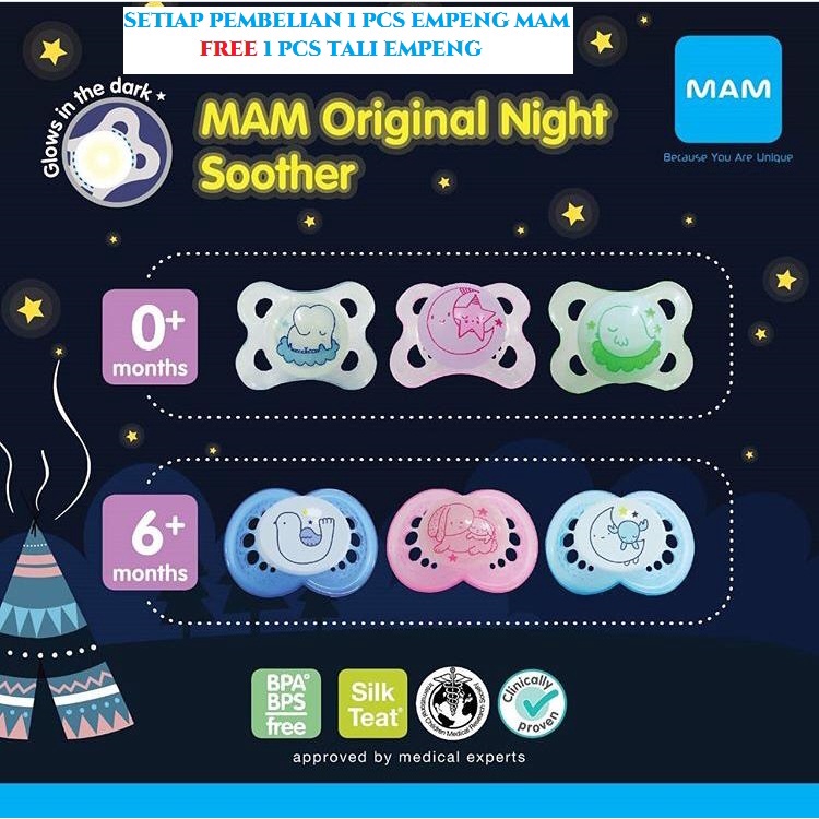 MAM Pacifier FREE TALI EMPENG / MAM PACIFIER NIGHT / AIR  0m+ / 6m+ Empeng MAM