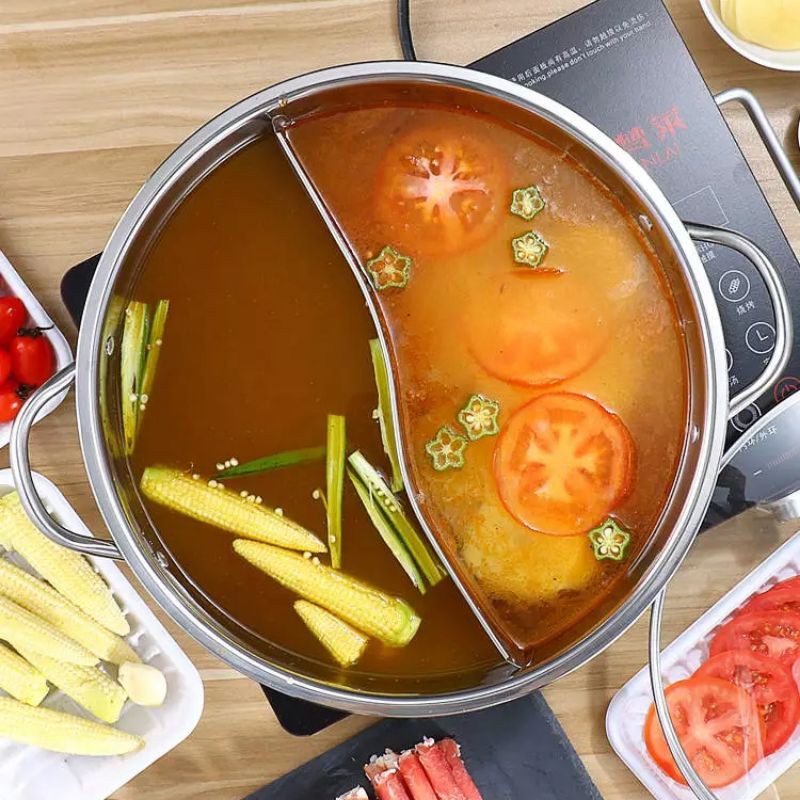 [ BISA COD ] Panci Shabu 2in1 Tutup Kaca Panci Suki Pan Hotpot Steamboat Sabu Kuah 2 Sekat Stainless Steel 28cm