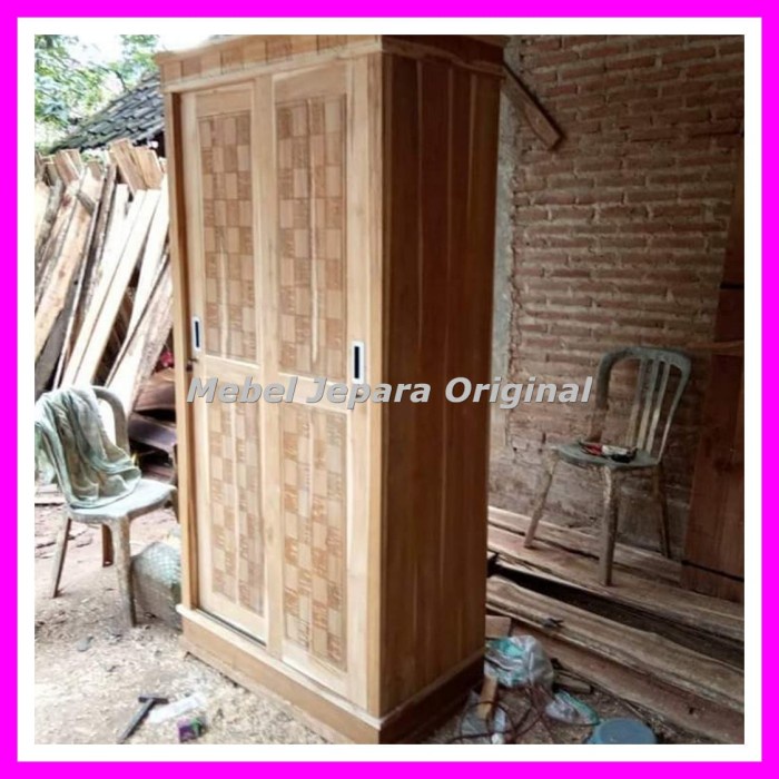 lemari pakaian minimalis sliding 2 pintu kayu jati mentahan
